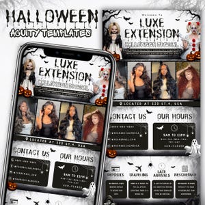 May include: A digital marketing template for hair extensions featuring a Halloween theme with spooky fonts, bats, ghosts, and pumpkins. The layout includes sections for contact information, business hours, and service policies, displayed on a smartphone screen.