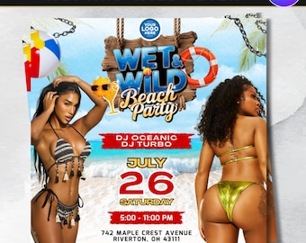 Volante de fiesta en la piscina Wet And Wild, volante de fiesta en la playa de verano, invitación a fiesta de DJ, volante de fiesta urbana, volante de evento, plantilla editable de Canva