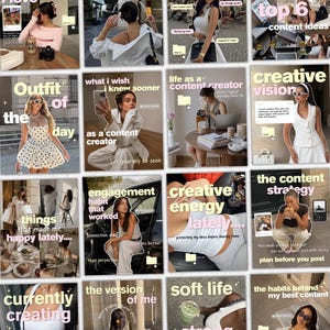 Könnte beinhalten: Eine digitale Collage aus Social-Media-Beiträgen mit verschiedenen Lifestyle-Bildern, darunter Outfits, Setups für die Content-Erstellung und tägliche Aktivitäten, überlagert mit Texten wie 'Outfit of the day' und 'soft life'.