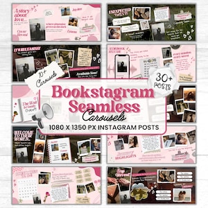 以下が含まれることがあります： ピンクと白のBookstagramカルーセルテンプレート。複数のパネルがあり、写真、テキスト、装飾要素が含まれています。テキストには「愛の物語...」、「リリース中！」、「Bookstagramシームレスカルーセル」が含まれています。