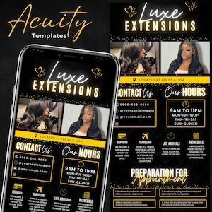 May include: A digital advertisement for Luxe Extensions, featuring images of hair extensions and contact information. The design is black and gold, with the business name and contact details prominently displayed. The ad includes details about hours, deposits, and preparation for appointments.