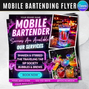 Volantino per barman mobile, fai da te, barman, servizi di bevande, pianificazione di eventi per feste, noleggio, social media, Instagram, modello modificabile Canva