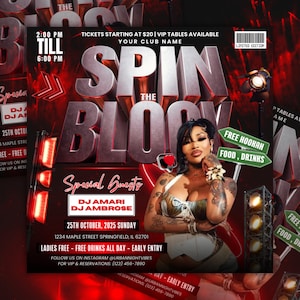 May include: A promotional flyer for a club event titled "Spin the Block." The design features a woman, event details, and the text "Special Guests DJ AMARI DJ AMBROSE." The event is on October 25, 2025, in Springfield, IL.