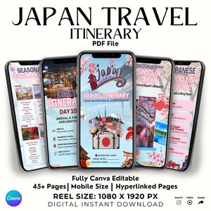 Puede incluir: Cinco smartphones muestran un itinerario de viaje digital a Jap&oacute;n. Las pantallas muestran festivales de temporada, itinerarios diarios, lugares de fotograf&iacute;a y bocadillos japoneses. El dise&ntilde;o incluye im&aacute;genes japonesas y el texto "Japan Travel Itinerary".
