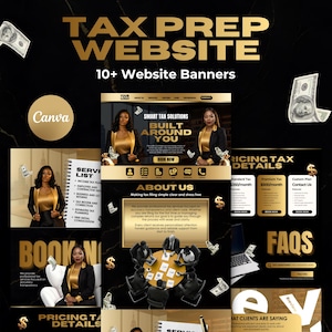 May include: A promotional graphic for a tax preparation website, featuring multiple website banner designs. The design includes images of business professionals, financial icons, and text such as "Tax Prep Website" and "Smart Tax Solutions."