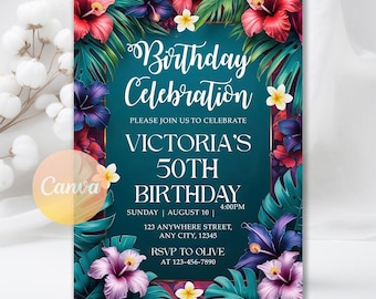 Tropical Birthday Invitation, Aloha Hawaiian Invitation, Luau Birthday Invitation, Tropical Flowers Birthday Invite, Editable Canva Template