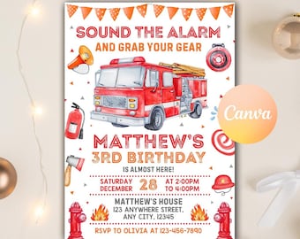 Invito di compleanno modificabile per camion dei pompieri, invito per camion dei pompieri, invito per camion dei pompieri, invito di compleanno per pompiere, modello Canva modificabile