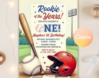 May include: Baseball-themed first birthday party invitation with a red, white, and blue color scheme. The invitation features a baseball bat, baseball, and catcher's helmet. The text reads "Rookie of the Years! Our little slugger is ONE! Hayden's 1st Birthday! Saturday, November 25th 2:00PM - 5:00PM Jackson's House 123 Birthday Ave | Boston Ln. RSVP to Ashley at 123-456-7890"