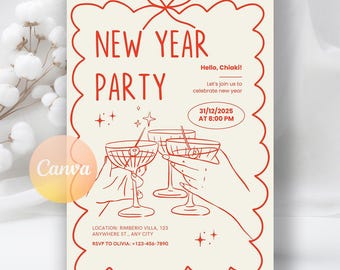 New Year Whimsical Invitation, New Years Eve Party Invite, Digital Download, Editable Canva Template