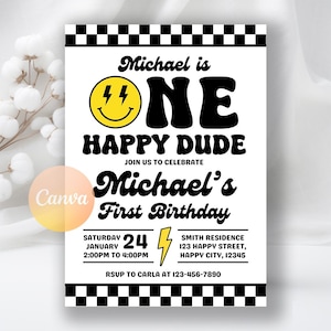 One Happy Dude Birthday Invitation, Smiley Face Groovy Retro One Happy Dude First Birthday Printable Digital Invite, Editable Canva Template