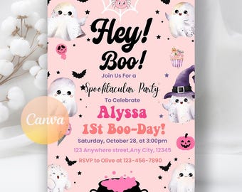 Halloween Pink Ghost Birthday Invitation, Halloween Party Invite, Hey Boo Ghost Party, Spooktacular Party Digital Download, Editable Canva