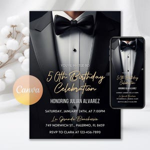 May include: An elegant invitation for a 50th birthday celebration. The design showcases a black tuxedo and bow tie. The text provides event details, the honoree's name, date, time, and venue information.