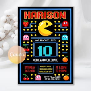 May include: Black invitation with a Pac-Man theme. The invitation features a yellow Pac-Man character, ghosts, and fruit graphics. Text includes "HARISON", "HAS REACHED LEVEL 10", and event details. The invitation is for a birthday party.