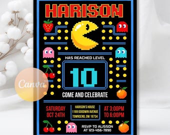 May include: Black invitation with a Pac-Man theme. The invitation features a yellow Pac-Man character, ghosts, and fruit graphics. Text includes "HARISON", "HAS REACHED LEVEL 10", and event details. The invitation is for a birthday party.