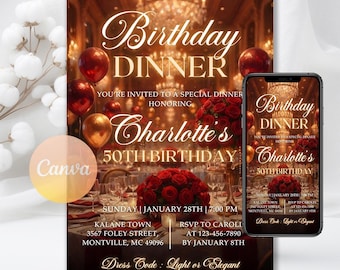 May include: A digital invitation for a birthday dinner, featuring elegant script and a warm color palette. The design includes text that reads "Birthday Dinner" and "Charlotte's 50th Birthday." The invitation is available in two sizes: 5x7 inches and 1080x1920 px.