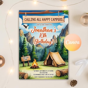 Könnte beinhalten: Eine Geburtstagseinladung im Camping-Stil mit einem grünen, blauen und braunen Farbschema. Die Einladung zeigt ein Zelt, ein Lagerfeuer und ein Schild mit der Aufschrift "Jonathan's 10th Birthday!" Der Text enthält auch das Datum, die Uhrzeit und den Ort der Party.
