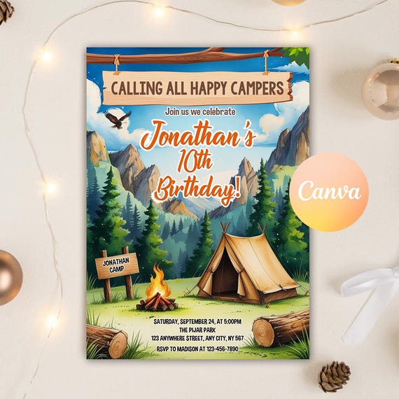 Camping Birthday Invitation Template, Camping Party Invitation, Under The Stars, Boy Campout, Smores Party Invite, Editable Canva Template