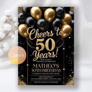 50th Birthday Invitation for Him, 50th Invite Template Evite, Black and Gold Birthday Party Invitation for Men, Editable Canva Template