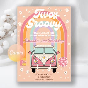 ZWEI Groovy Geburtstagseinladungen, Mädchen Geburtstag einladen, Gänseblümchen Regenbogen Groovy Girl 2. Geburtstag einladen Sofort-Download, bearbeitbare Canva-Vorlage