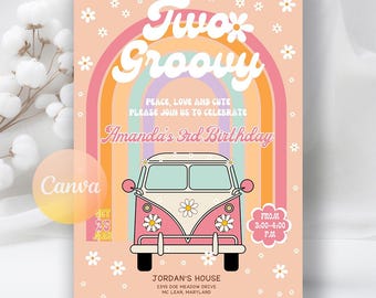 Invitación de cumpleaños TWO Groovy, invitación de cumpleaños para niña, invitación de cumpleaños para niña de segundo año con diseño de margaritas y arcoíris, descarga instantánea, plantilla editable de Canva.