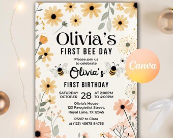 Editable Bee First Birthday Invitation, Sweet To Bee One Birthday Invitation, Bee Day Party, Cute Bee Invitation, Editable Canva Template