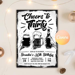 May include: Black and white birthday party invitation with the text "Cheers to Thirty" and a graphic of three hands holding beer bottles and cans. The invitation includes the date, time, and location of the party.