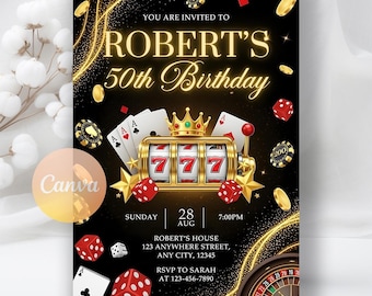 Editable Casino Birthday Invitation, Casino Theme Birthday Invite, Casino Poker Engagement Birthday Party Invite, Editable Canva Template