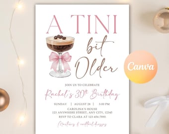 A Tini Bit Older Birthday Party Invitation, Martini, Pink Bow Martini Themed Birthday Invite, Coquette Dirty Thirty, Editable Canva Template
