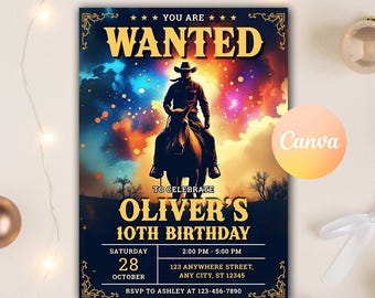Eerste rodeo verjaardagsuitnodiging, rodeo 1e verjaardag uitnodigen, retro wilde westen cowboy verjaardag afdrukbare uitnodiging digitale bewerkbare canva-sjabloon