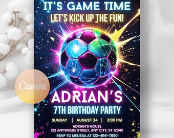 Neon Soccer Invitation, Sports Invitation, Football Invite, Neon Sports Invitation, Sneakerball Birthday Invite, Editable Canva Template