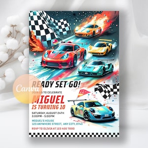 Race Car Birthday Invitation, Racecar Party, Racing Party, Sport Race Car Invite, Boys Invitation, Car Birthday, Editable Canva Template