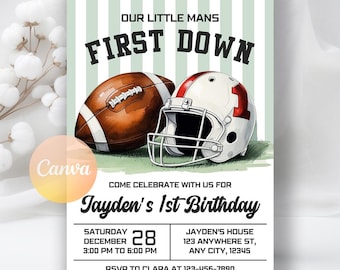 Football Birthday Invitation, First Year Down, Football Themed Invitation, Boy First Birthday Invite, Game On Party, Editable Canva Template