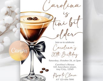 Invitación de cumpleaños para adultos mayores: Tini Bit, Espresso Martini, cóctel elegante, descarga digital, plantilla editable de Canva.