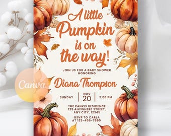 Little Pumpkin Baby Shower Invitation, Pumpkin Baby Shower Invite, Fall Orange Pumpkin Invitation, Digital Download, Editable Canva Template