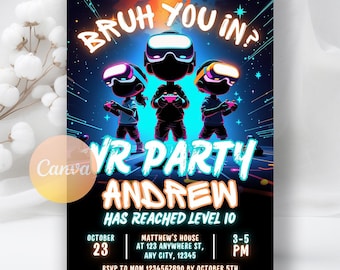 Glow VR Geburtstagseinladung: Videospielparty, bearbeitbare Canva-Vorlage (digitaler Download)
