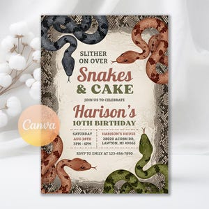 Inbjudan till ormfödelsedag, inbjudan till ormtemafest, inbjudan till festdjur, inbjudan till reptilfest, digital nedladdning, redigerbar canvasmall
