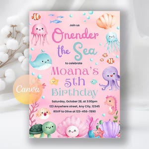 Oneder the Sea Birthday Invitation, Ocean Birthday Invite, Girl Ocean Animals 1st Birthday Invite, Instant Download, Editable Canva Template