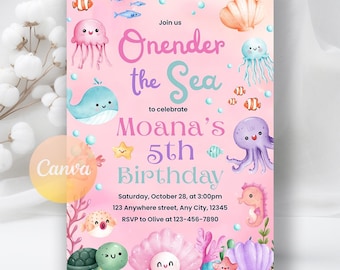 Oneder the Sea Birthday Invitation, Ocean Birthday Invite, Girl Ocean Animals 1st Birthday Invite, Instant Download, Editable Canva Template