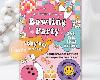 May include: A colorful bowling party invitation with a retro design. The invitation features a pink and orange disco ball, bowling pins, a bowling ball, and a van. Text includes "Bowling Party", "Abby's Birthday", and RSVP information.