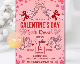 Galentine s Day Invitation, Valentine Girls Night or Brunch Party Invite, Digital Download, Editable Canva Template