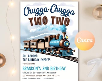 Train Birthday Invitation, Chugga Chugga Choo Choo Invitation, Two Two 2nd Birthday Invite, Second Birthday Invite, Editable Canva Template