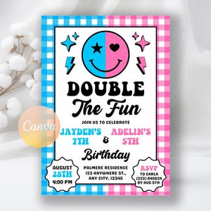 Double Birthday Invitation, Retro Groovy Smile Checker Invite, Sibling Birthday Invite, Joint Birthday Printable, Editable Canva Template