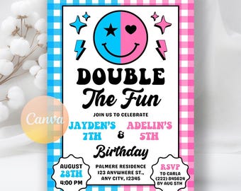 Double Birthday Invitation, Retro Groovy Smile Checker Invite, Sibling Birthday Invite, Joint Birthday Printable, Editable Canva Template