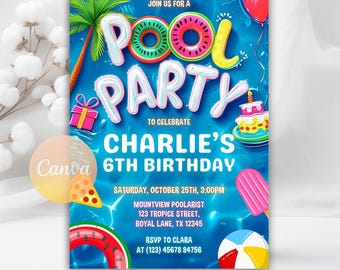 Puede incluir: Una invitación azul a una fiesta en la piscina con el texto "Pool Party" en letras blancas y con temática de sandía. La invitación celebra el sexto cumpleaños de Charlie e incluye detalles del evento e información de RSVP.