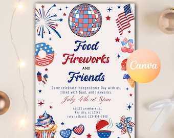 4th Of July BBQ Invitation, Independence Day Barbeque Invite, July Fourth Food Friend and Firework Printable Invite Editable Canva Template