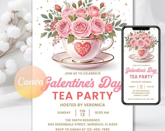 Valentine's Day Tea Party Invitation, Galentines Floral Brunch Invite, Digital Download, Editable Canva Template