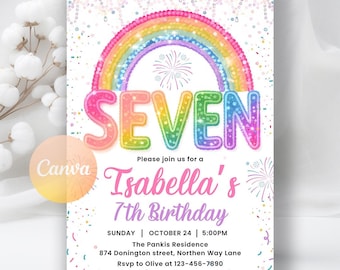 7th Birthday Invitation Girl, 7th Rainbow Sequin Birthday Invite, 7th Glitter Birthday Invitation, Digital Download, Editable Canva Template