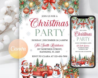 May include: A Christmas party invitation with festive watercolor illustrations. The design features a red bow, pinecones, ornaments, and a Santa Claus with a red truck. The text reads "Christmas Party". Includes 5x7 inch and 1080x1920 px sizes.