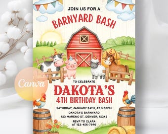 Invitación de cumpleaños en la granja, invitación para fiesta infantil en un rancho con temática de granja, descarga instantánea, plantilla editable de Canva