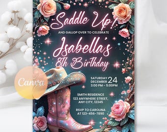 Invitación de cumpleaños de vaquera, invitación de cumpleaños de niña y caballo, invitación para fiesta de vaquera, invitación de cumpleaños con flores rosas, plantilla editable de Canva